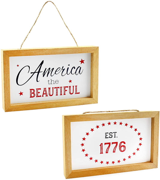 4th of July Signs, Set of 2 Decorative Wood Americana Patriotic Signs - sh1685ah1USA