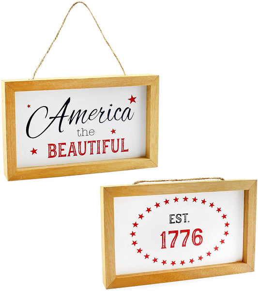 4th of July Signs, Set of 2 Decorative Wood Americana Patriotic Signs - sh1685ah1USA