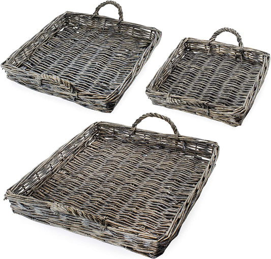 Rustic Willow Basket Trays, Set of 3 (Square, Gray Washed) - sh1908ah1Square