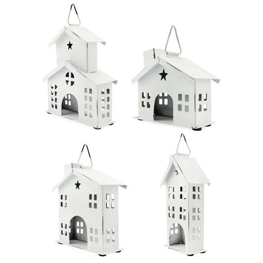 Rustic White Tin Ornaments (Set of 4 Houses, White) - sh2037ah1House